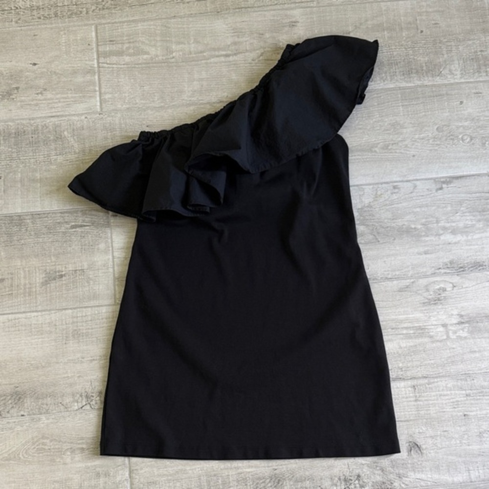 One-Shoulder Black Ruffle Mini Dress